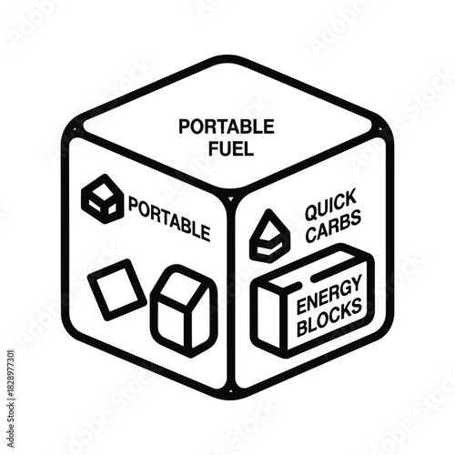 Outline isometric cube diagram illustrating concepts of portable fuel, quick carbs, and energy blocks for active performance.