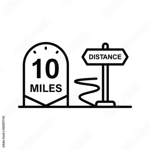 Outline icon of 10 miles distance marker and directional signpost, illustrating travel, journey, and progress concept