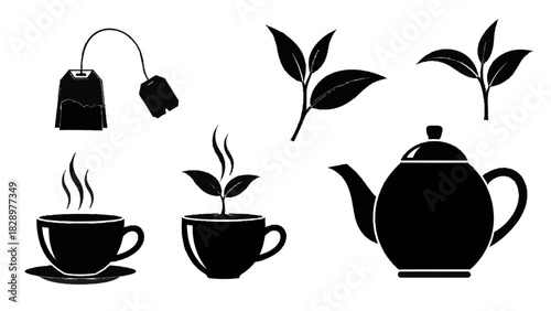 Vector illustration of collection of black and white silhouette icons representing tea preparation and growth, isolated on transparent background