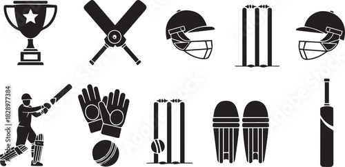 Cricket Equipment and Player Silhouettes Depicting Sport and Competition