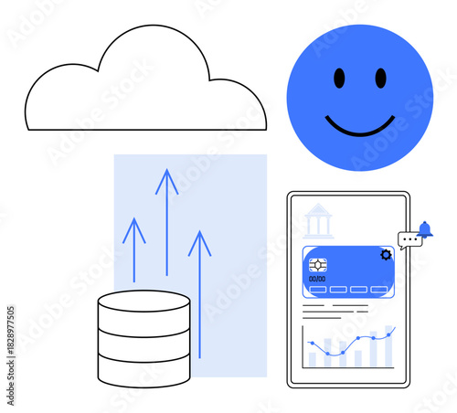 Cloud computing concept. Cloud computing enables digital data storage, financial analytics, and seamless online communication. Cloud computing supports fintech, big data, SaaS, technology startups