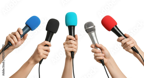 Hands holding microphones for interview, media event, press conference, broadcast isolated on transparent background