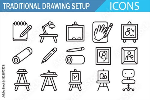 Professional drawing setup icons with easel and sketch tools