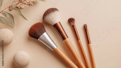 Elegant makeup brushes sit neatly against a warm background with natural decor accents nearby.
