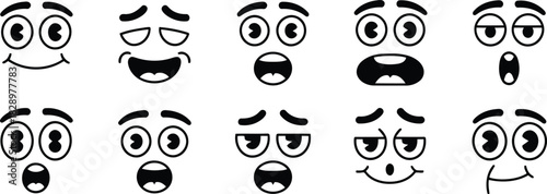 Set of ten expressive cartoon faces showing different reactions and feelings on white