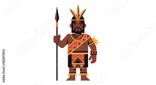 African tribal warrior in traditional attire holding a spear.