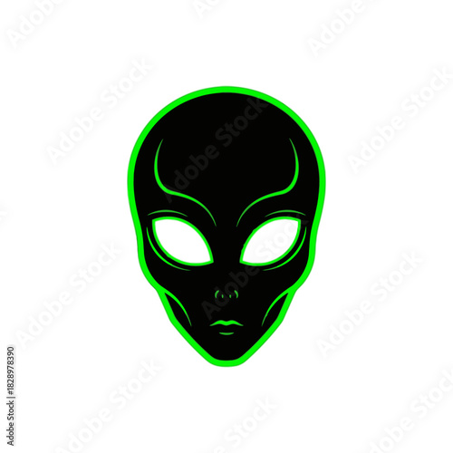 Alien head with glowing green outline and bright white eyes.