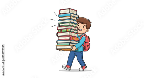 Enthusiastic young boy with a backpack happily carries a towering stack of books, representing dedication to learning and academic pursuits.