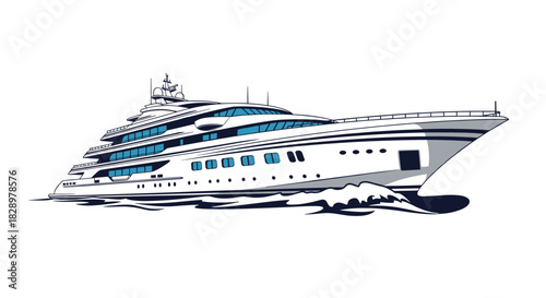 A sleek, three-story luxury yacht glides gracefully through the water, showcasing its grandeur and wealth in a stylized vector illustration.
