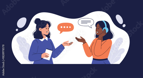 Two diverse women engaged in a conversation, one wearing headphones.