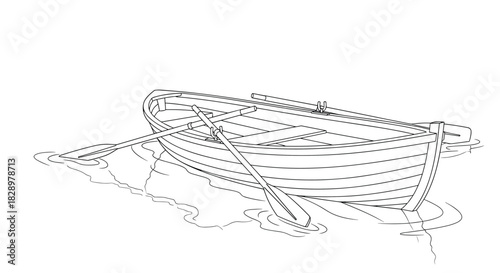 Line art drawing of a classic wooden rowboat with oars, gently floating in calm water, depicting a peaceful scene.
