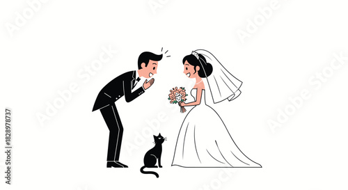 Surprised groom gazing at his bride and cat at their wedding ceremony is a delightful illustration.
