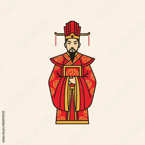 Ancient Chinese Emperor in Traditional Red Robes and Hat.