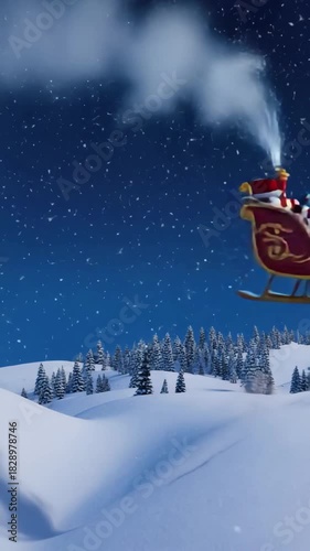 Santa Flying Sleigh Over Snowy Hills