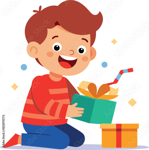 Child Unwrapping Holiday Gift Simple Clean Illustration