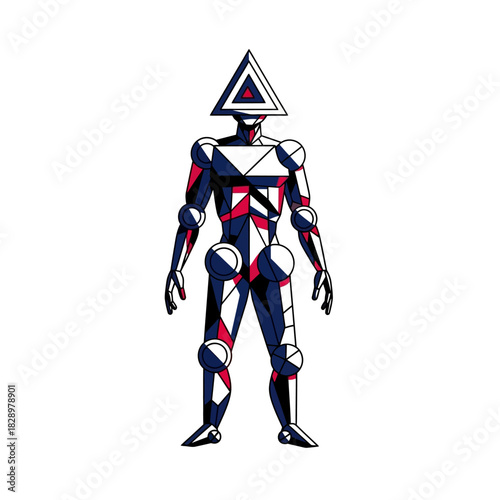 Abstract geometric robot with a triangular head and segmented body design.