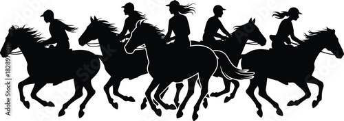 Six powerful horse riders gallop in unison across a pristine white background showcasing speed and equestrian skill