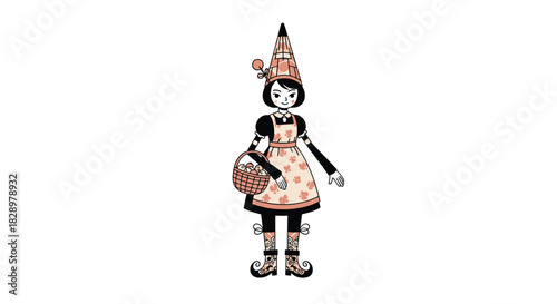 Illustration of a vintage-style girl wearing a conical hat, apron, and boots, carrying a basket filled with apples, creating a whimsical scene.