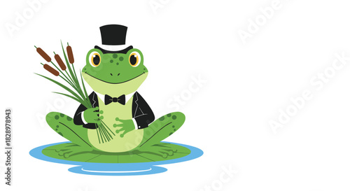 A dapper green frog wearing a tuxedo and top hat sits on a lily pad holding cattails.