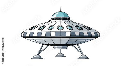 Vintage-style, pixelated UFO featuring a dome-shaped top, circular windows, and landing gear, reminiscent of classic science fiction designs.