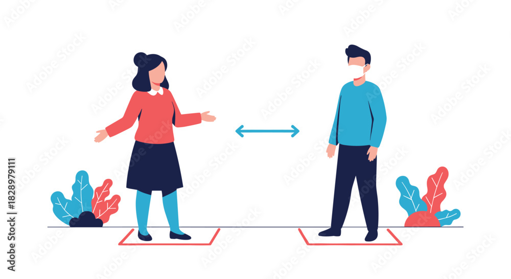Fototapeta premium Maintaining social distance, a man in a mask and a woman keep their distance, following guidelines for a safe interaction.