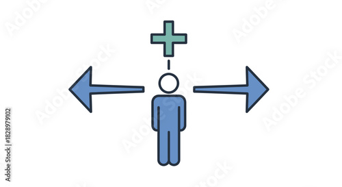 A simple blue illustration depicting a person at a crossroads with arrows pointing outwards