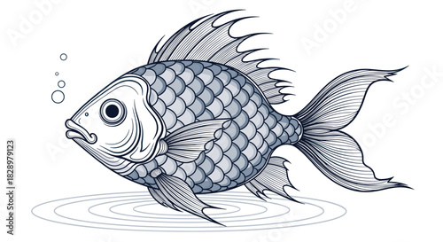 Vintage illustration of a stylized fish with detailed scales and fins emitting bubbles.