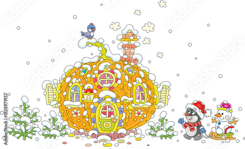 Cute little mole pulling a sledge with a funny toy snowman and talking to a small bird perching on a top of a snow-covered pumpkin house on a beautiful winter day, vector cartoon illustration