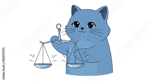 A cute blue cat illustration is depicted holding the scales of justice in its paws, symbolizing fairness, balance, and the legal system.