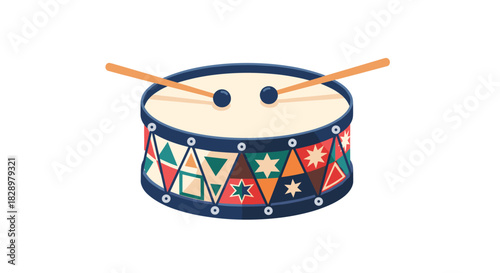 A colorful toy drum with two drumsticks ready to play a beat.
