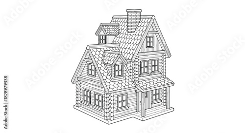 Detailed black and white illustration of a charming wooden cabin with multiple stories and a chimney.