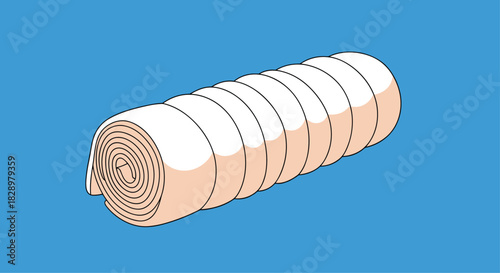 Illustration of a rolled-up bandage, resembling a tightly wound cotton or medical wrap, isolated against a blue backdrop.