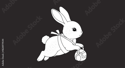 A cute white Easter bunny with long ears and a fluffy tail is shown hopping, adorned with ribbons, and carrying a decorative egg basket.