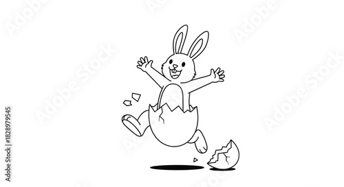 A joyous Easter bunny leaps from a cracked eggshell, arms raised in cheerful celebration, capturing the festive spirit of the holiday.