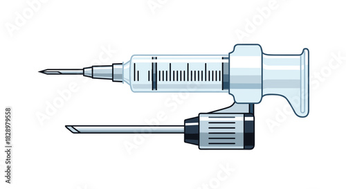 A clear medical syringe with a needle attached and another spare needle, commonly used for injections or aspirations, on a white background.