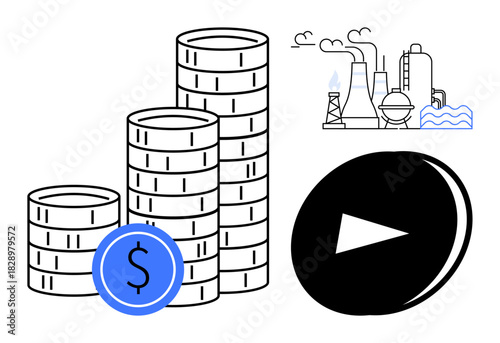 Stacks of coins with a dollar sign, industrial facilities in the background, and a play button. Ideal for finance, industry, growth, progress, investments energy and innovation. Simple flat