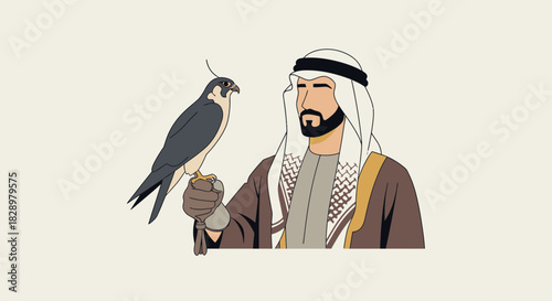 Arab man in traditional attire with a falcon on his arm.