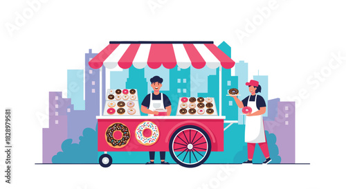 Donut cart with two vendors stands ready to serve customers against a cityscape background illustration, offering sweet treats and smiles.