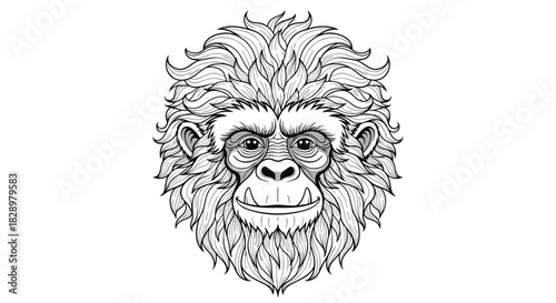Detailed black and white illustration of a stylized gorilla's face with a prominent mane.