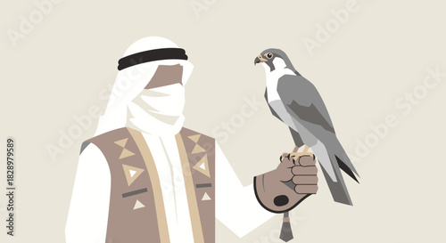 Arabian man in traditional attire with a falcon on his gloved hand.