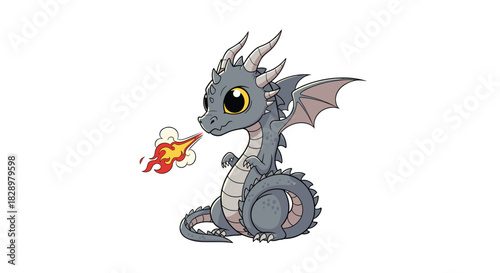 Adorable cartoon baby dragon with large, expressive eyes sitting peacefully and breathing a small flame, isolated on a clean white background.