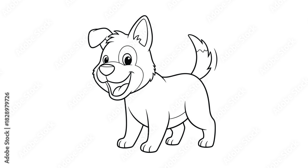 Fototapeta premium A cheerful and friendly cartoon puppy with a wagging tail stands smiling, depicted in a clear black and white line art style.