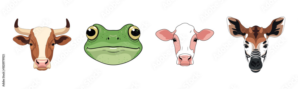 Naklejka premium Cartoon animal faces: cow, frog, calf, and giraffe illustrations