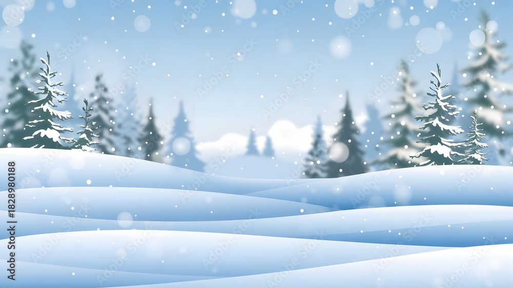 Fototapeta premium A serene winter landscape featuring snow-covered pine trees and rolling hills under a soft, falling snow