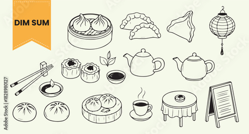 Hand Drawn Dim Sum and Chinese Tea Ceremony Set | Vector Doodle Collection of Steamed Buns, Dumplings, Teapot, and Lantern Line Art Icons.