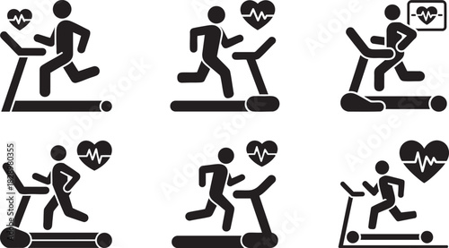 Treadmill running workout icons showing cardio exercise, fitness training, heart rate monitoring and gym activity vector illustrations