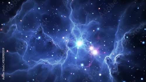 A vibrant nebula showcases celestial beauty, illuminated by stellar light. A vast cosmos scene