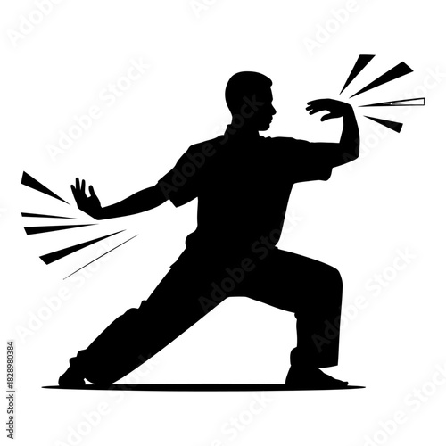 black silhouette of a person performing martial arts with dynamic movement