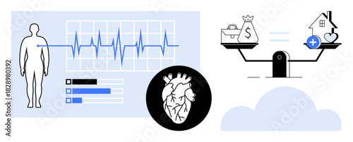 Healthcare depiction. Healthcare combines heart health monitoring, wellness metrics, and financial balance symbols. Healthcare focus on medical technology, insurance, and well-being solutions. Usage