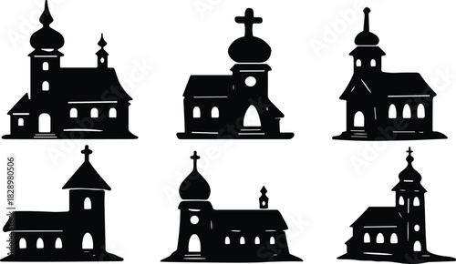 Set of Six Old European Style Church Silhouettes with Crosses, Traditional Christian Chapel Buildings, Village Architecture, Religion and Spirituality Vector Icons.